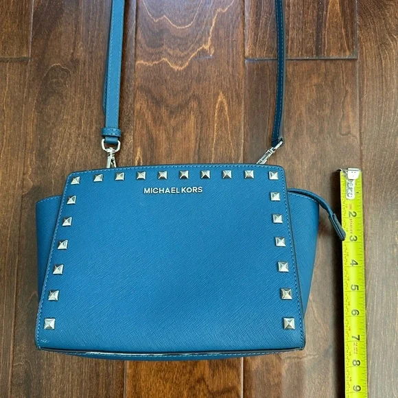 Michael Kors Blue Trapezoid Crossbody Bag with Studded Detailing - Picture 14 of 16